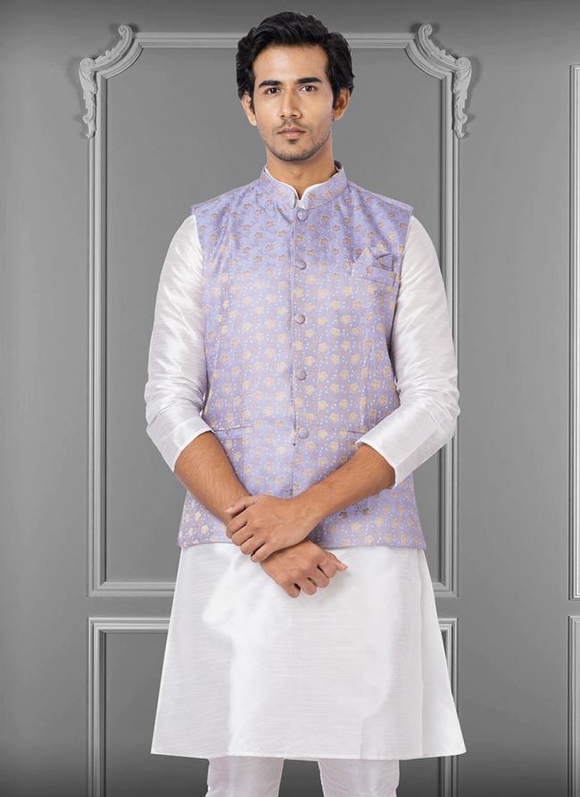 Linen Silk Light Purple Festival Wear Embroidery Work Readymade Men's Waistcoat